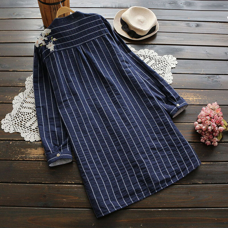 YSMILE-Blusa con bordado Floral para mujer, Camisa larga informal con base a rayas, para primavera, a la moda, YK4137