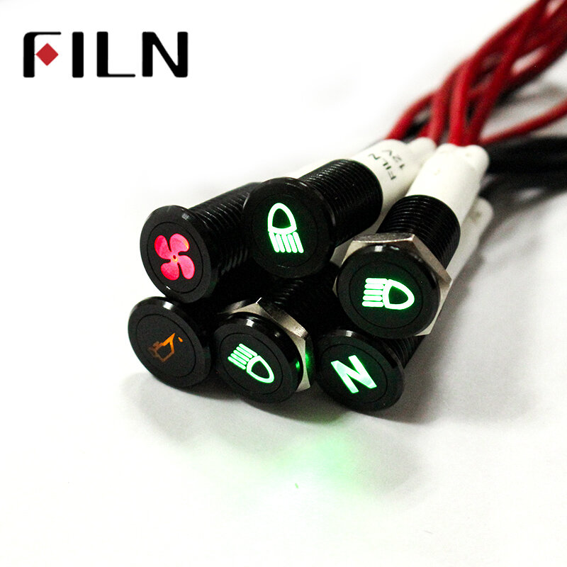 FILN 10mm panel black shell with symbol car applicance 12v led indicator light with 20cm cable