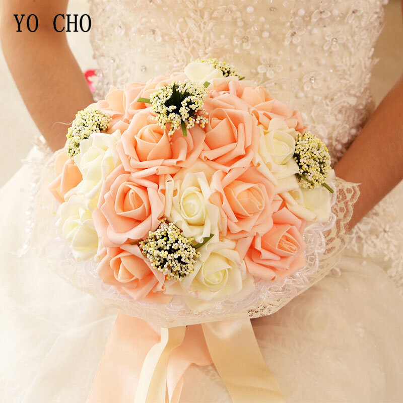 YO CHO-Artificial PE Rose Buquê de Flor para Noivas, Falso Pérola, Dama de honra, Casamento Suprimentos, Decorações Festival