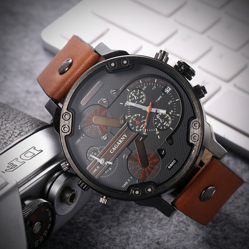 Cagarny Cool นาฬิกาข้อมือสำหรับผู้ชายสีดำสายหนัง Mens ควอตซ์นาฬิกา Dual Time โซนทหาร Relogios Masculino ชายแฟชั่นนาฬิกา