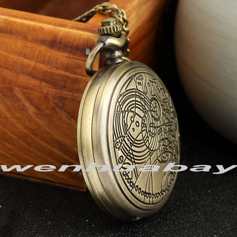 Vintage Bronze tema bolso relógio colar relógio com símbolos pingente mulheres mens presente