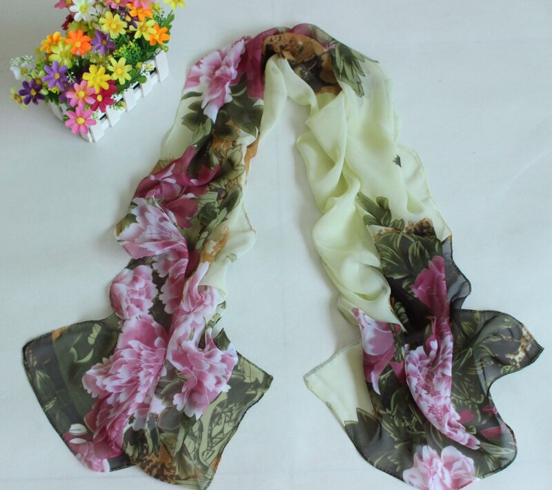 Шелковый шифоновый шарф, разноцветный, с принтом, 160 х60 см