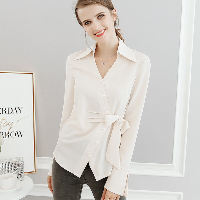 Camisa de gasa coreana para mujer, blusa ajustada de manga larga, Color puro, para oficina, primavera y verano, H9109