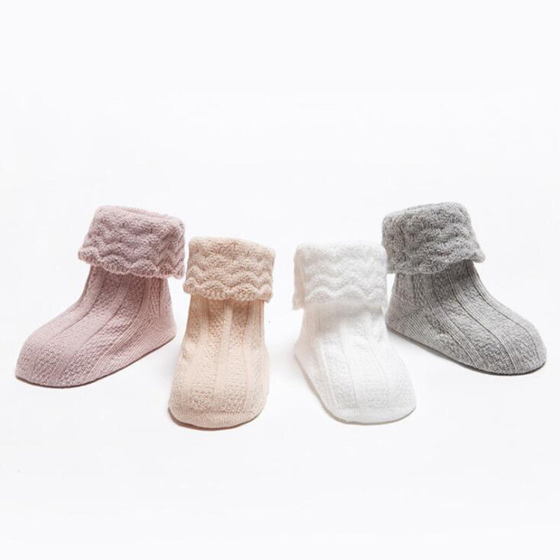 New autumn and winter solid color baby toddler socks cotton double needle lace loose mouth baby anti-slip foot socks