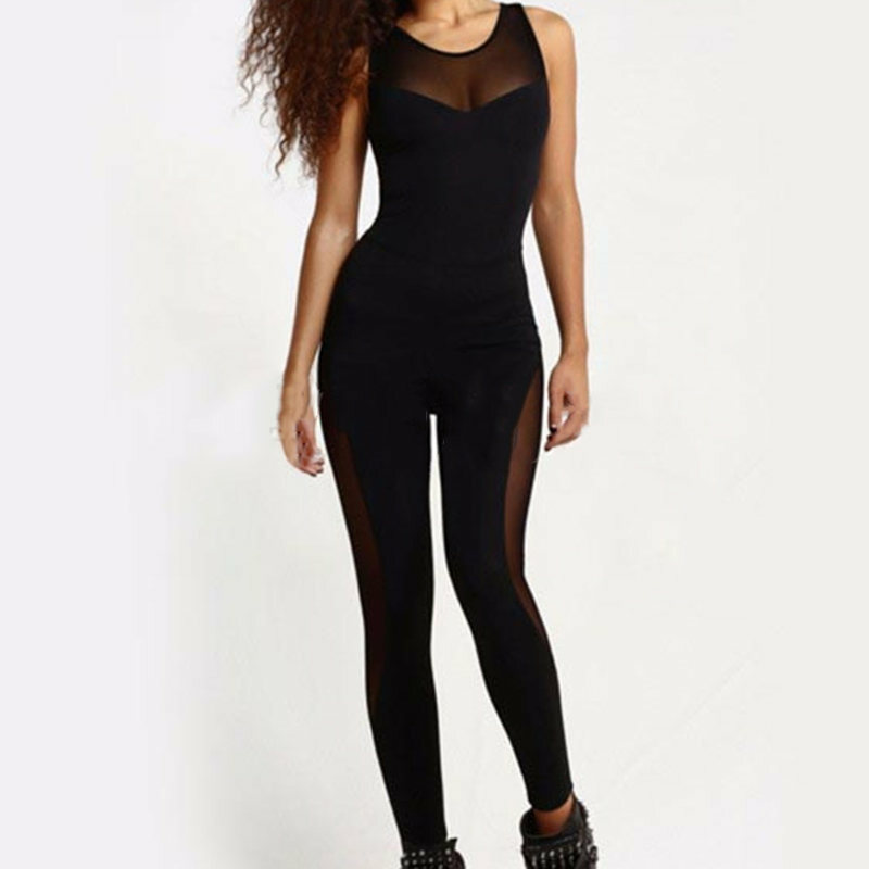 Sexy Women Sporting Jumpsuit Solid Mesh Splice O Neck Sleeveless Catsuit Leotards Female Fitness Playsuit Workout Pants