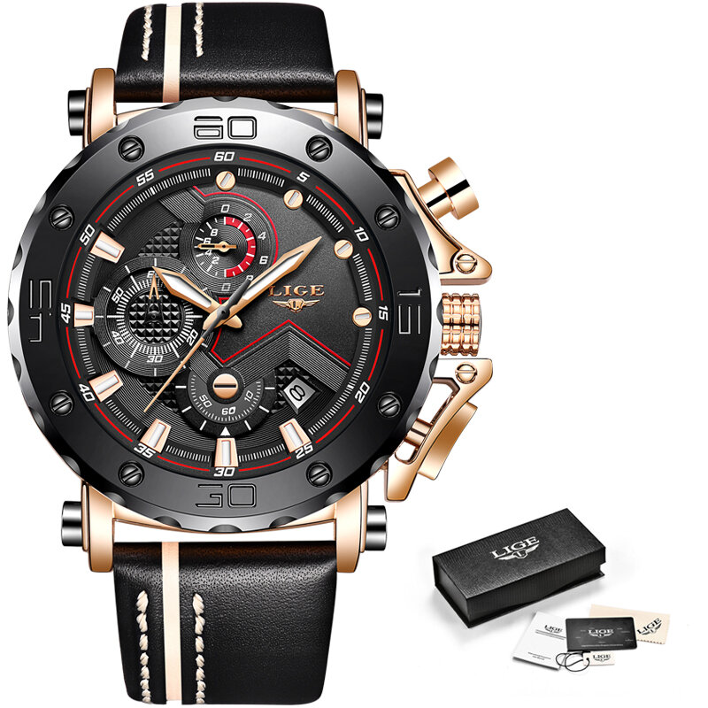 LIGE-Relógio de quartzo de couro impermeável masculino, cronógrafo esportivo casual, data relógio, marca top, novo