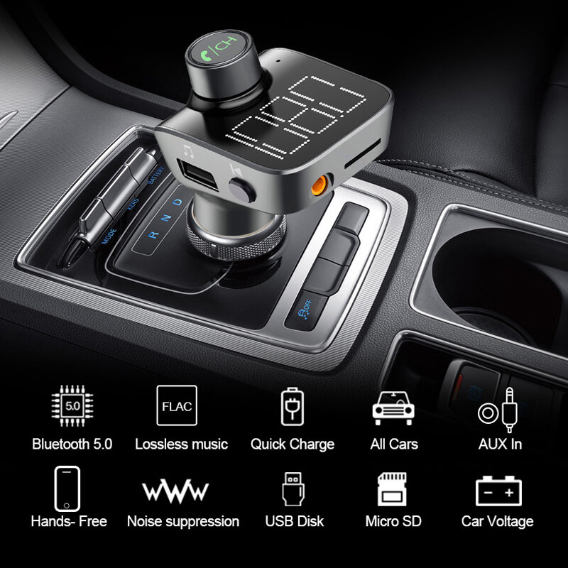 ANLUD Bluetooth 5,0 transmisor FM Bluetooth inalámbrico Kit de coche MP3 reproductor de pantalla Aux modulador de manos libres