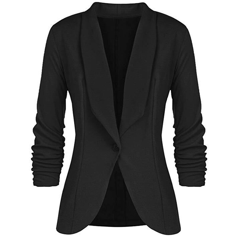 Cinessd blazer feminino para escritório, casaco feminino liso mangas compridas, cardigã com botão casual, azul marinho, jaqueta slim de algodão