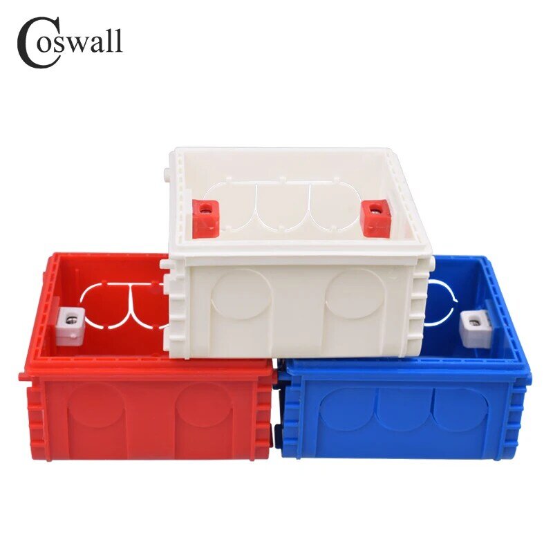 Coswall-Caixa de montagem ajustável, cassete interna, 86 tipo interruptor e soquete, branco vermelho e azul, caixa traseira de fiação, 86mm x 85mm x 50mm