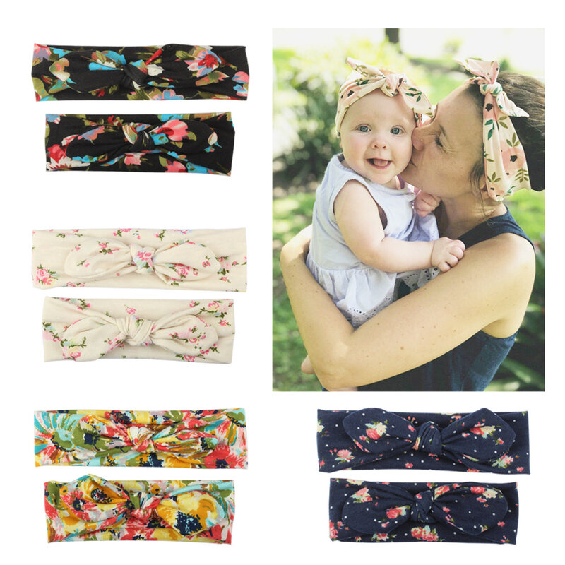 2Pcs/Set Mommy and Me Matching Headbands Photo Prop Gift Mom and Kids Rabbit Ears Elastic Floral Bowknot Headband Accessories