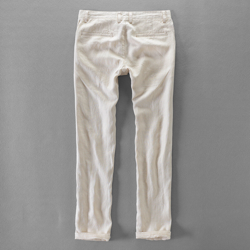 Pantalones informales de lino puro para hombre, pantalón largo de marca, de negocios, a la moda, 100%