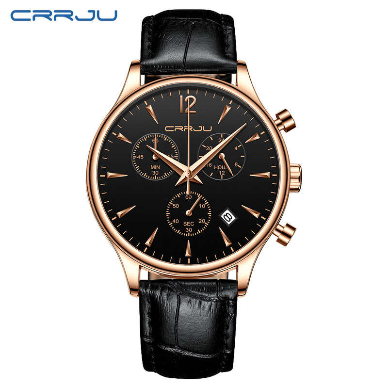 2019 Nieuwe Crrju Casual Lederen Riem Mode Quartz Black Watch Heren Horloges Top Brand Luxe Waterdichte Klok Relogio Masculino