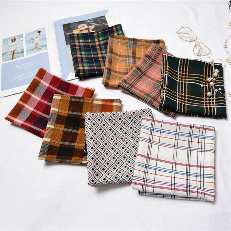 Bufanda de seda de poliéster para mujer, pañuelo de retales a rayas a cuadros, estampado de satén, chales cuadrados pequeños, diadema para el cuello, 70x70cm, novedad