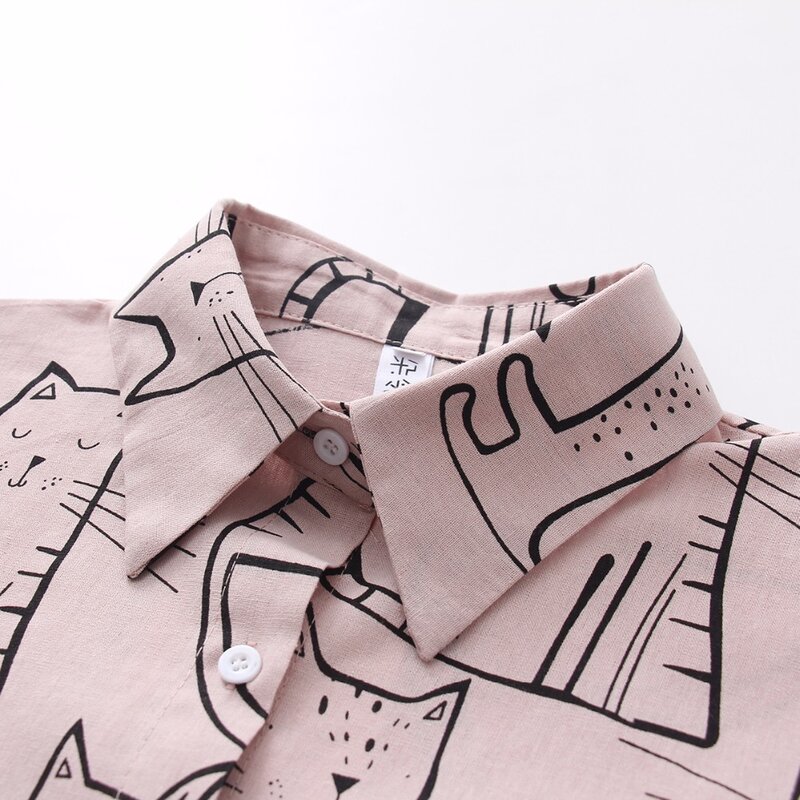 2019 New Arrival Cartoon Cat Print Button Up Blouse Long Sleeve Turn Down Collar Shirt Sweet Girls Loose Plus Size Top T93905F
