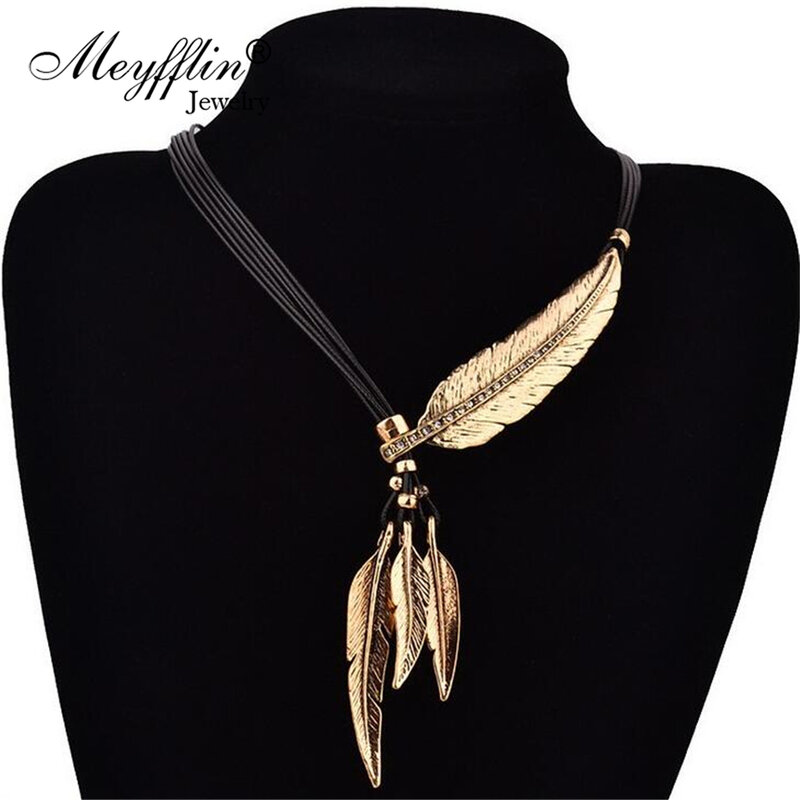 Женское Ожерелье с перьями, винтажное ожерелье из веревочной кожи, массивное украшение, бижутерия