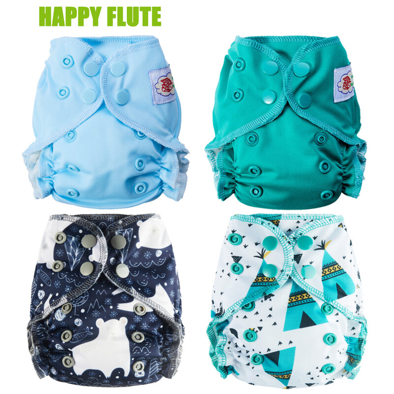 Happy Flute-Fraldas de algodão reutilizáveis do bebê, tudo em um, fraldas, reforço duplo, algodão ecológico, fraldas, Fit, 3-5kg, NB, M