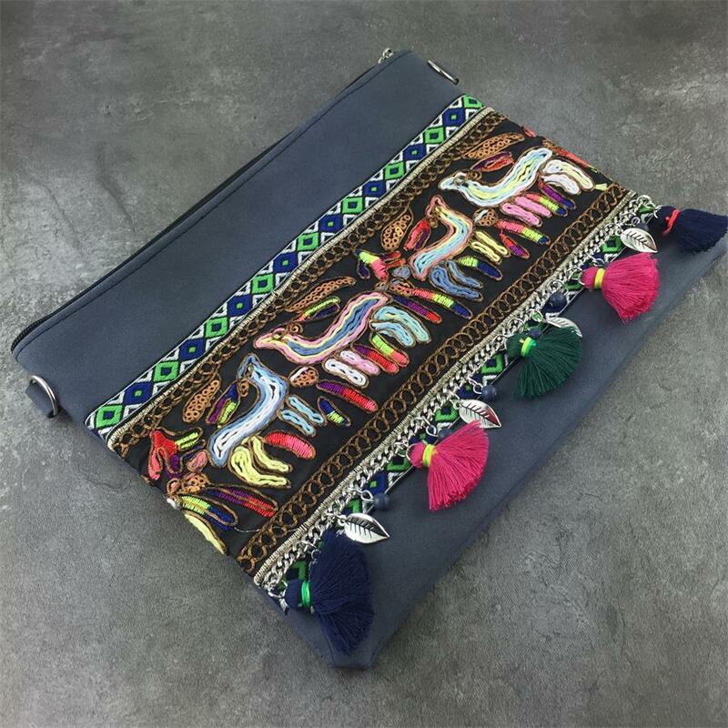 Tkanina Boho Chic torba na ramię żeńska plemienna hipisowska cygańska frędzel muzyczna Bucket miękka torba typu Crossbody Bag