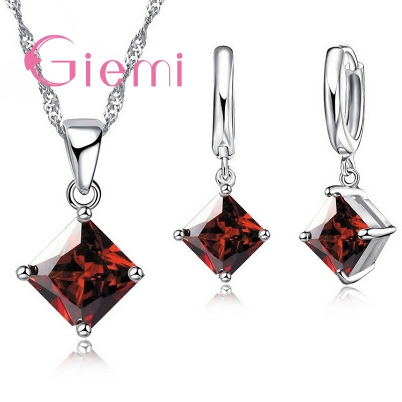 925 Sterling Silver Pendant Earrings Jewelry Sets 8 Colors Women Beautiful Necklace Set Lover Gift Square Crystal Bijoux