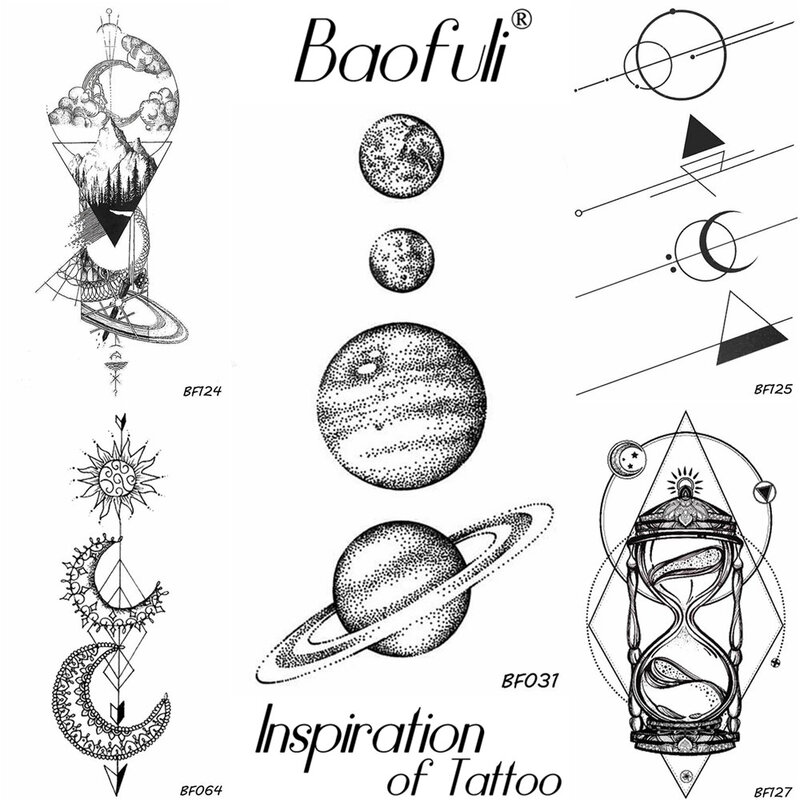 Faux tatouage temporaire à manches longues pour bras et jambes, Art corporel, planètes de l'espace, croquis au crayon, autocollants noirs, 25 modèles