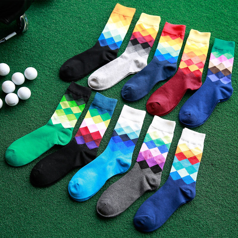 5 Pairs Men Tube Sock Comfortable Breathable Vintage Fashion Colored Diamond Sock Male Casual Spring Autumn Winter Cotton Sock