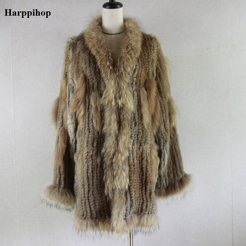 Abrigo de piel de conejo auténtica de punto para mujer, Chaqueta larga con capucha y cuello de mapache