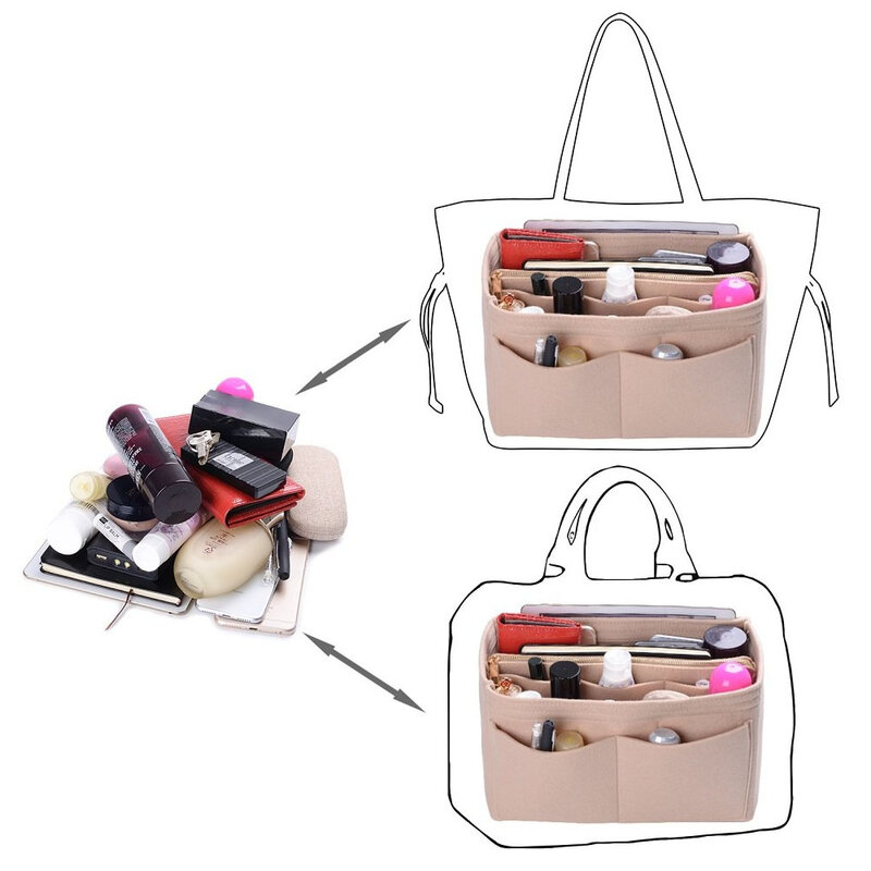 Bolsa organizadora de maquillaje para bolso, bolsa de fieltro con cremallera, monedero interior de viaje, bolsas de cosméticos aptas para bolsos de varias marcas