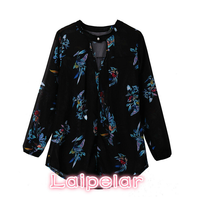 Blusa holgada informal de Chifón con estampado Floral para mujer, camisa negra de manga larga con cuello de pico, talla grande
