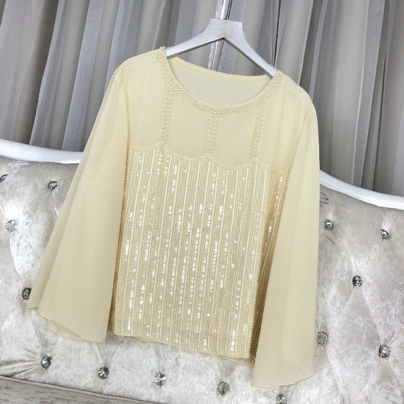 Женская шифоновая блузка Cakucool, приталенная универсальная блузка с длинными расклешенными рукавами и бисером, с вышивкой и блестками, женские блузки рубашки на весну