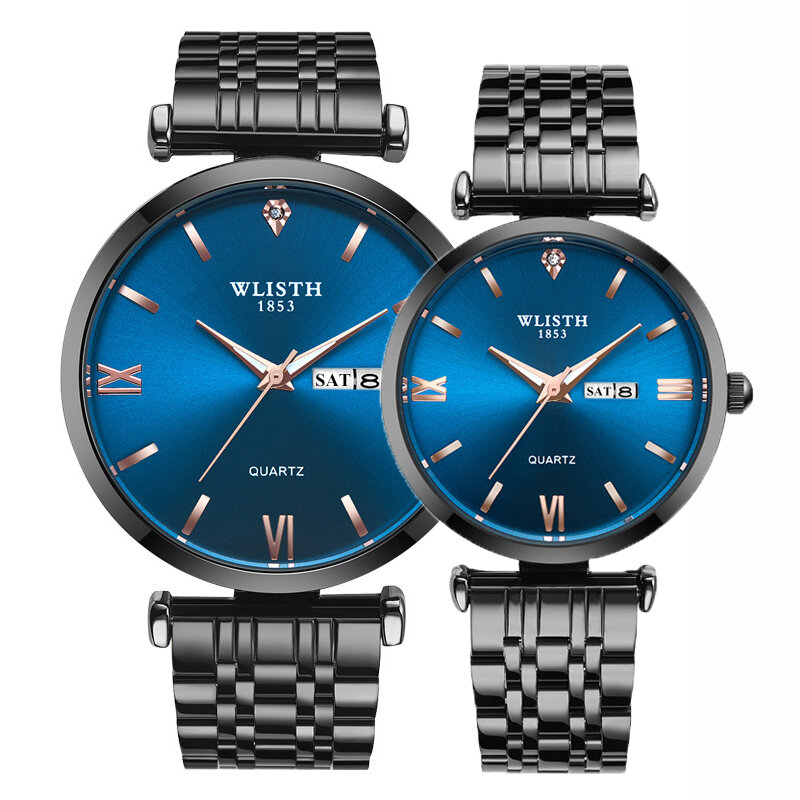 ساعات زوجين لعشاق الصلب الأسود الأزرق مجموعة كوارتز ساعة اليد WLISTH أعلى جودة موضة رجال الأعمال النساء الساعات زوج ساعة