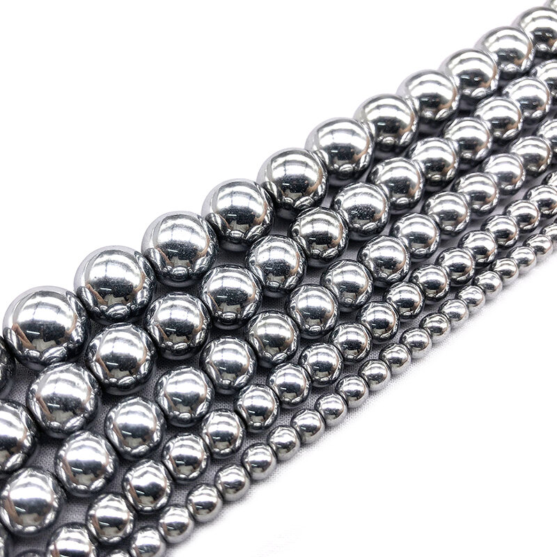 Perles rondes en hématite blanche argentée, pierre naturelle, 4mm, 6mm, 8mm, 10mm, 12mm, collier bricolage, bracelet, bijoux, accessoire exécutif