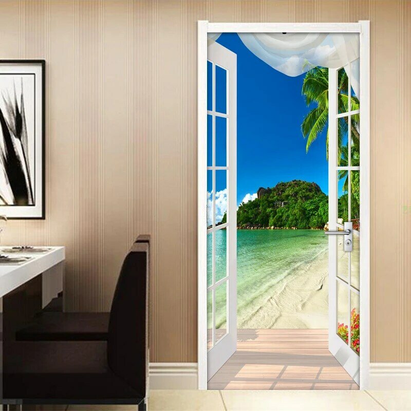 3D Sticker Window Beach Seaside Photo Mural Wallpaper PVC Self Adhesive Door Sticker Living Room Bedroom Wall Papers Home Decor