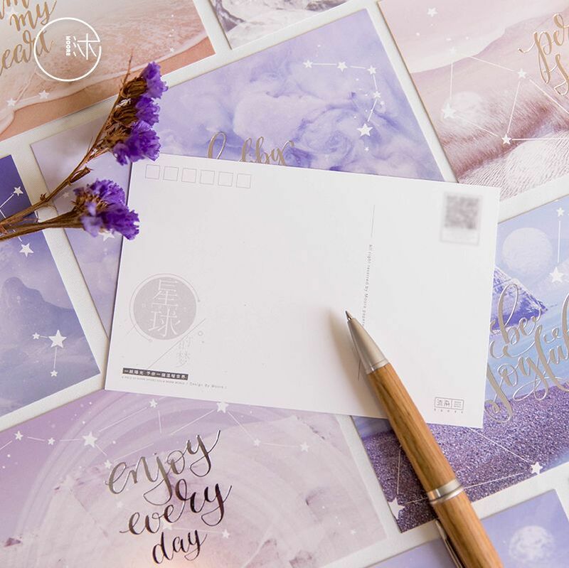 Juego de 30 hojas de tarjeta postal de planeta púrpura, tarjeta de felicitación, tarjeta de deseos, tarjeta de regalo de Navidad