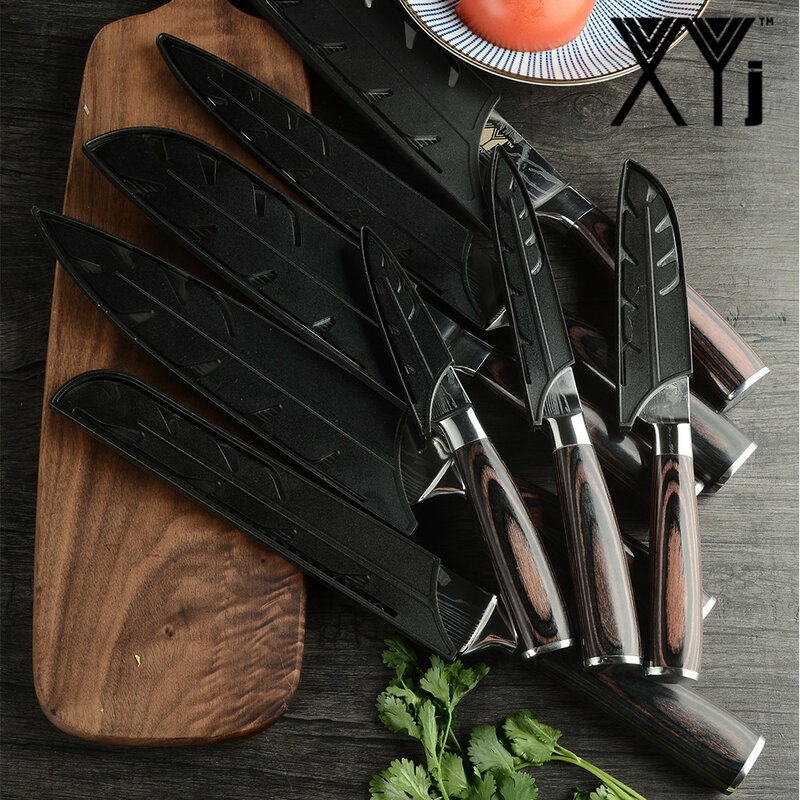 XYj 8 pouces utilitaire Chef couteaux en acier inoxydable Imitation damas acier Santoku couteaux de cuisine couperet tranchage couteaux cadeau couteau
