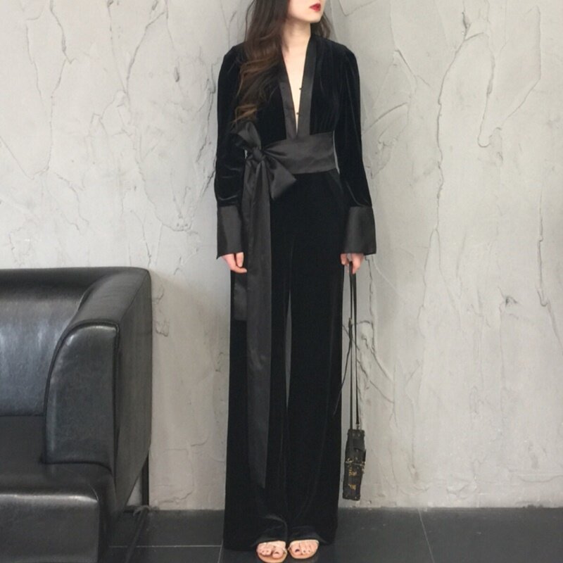 Aksamitne kombinezony kobiety 2019 moda jesień kobiet pajacyki odzież klubowa Playsuit kombinezon czarny elegancka, długa DD1583