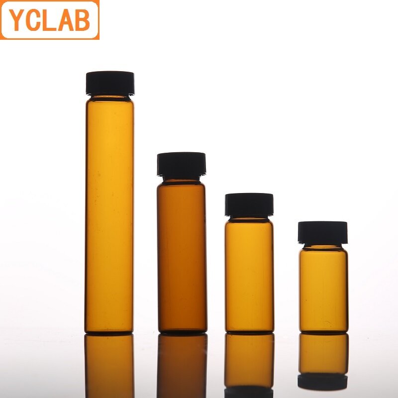 Yclab 15 ml 유리 샘플 병 플라스틱 캡 및 pe 패드가있는 갈색 호박색 나사 실험실 화학 장비