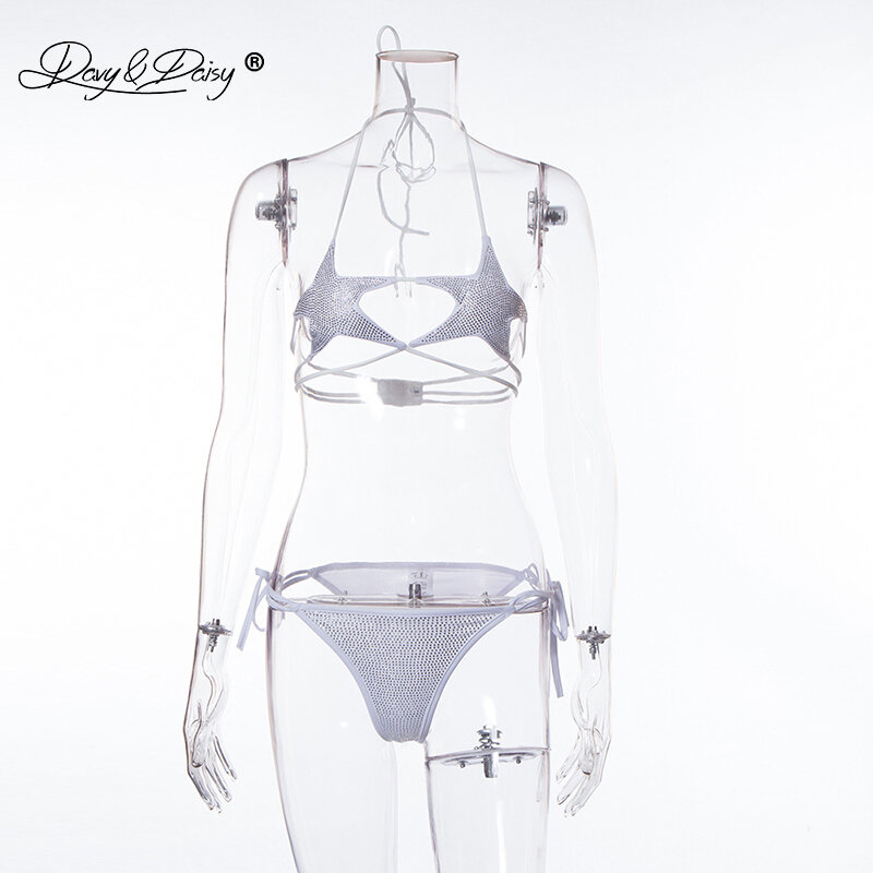 DAVYDAISY 女性のセクシーな包帯五角形下着セットファッションクリスタルブラジャーブリーフ調節可能なセクシーなランジェリースチュームエキゾチックセット SE516