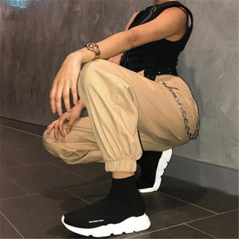 Женские повседневные брюки-карго с высокой талией, свободные брюки с эластичной талией и карманами, цвет черный, хаки, плюс размер, S-3XL