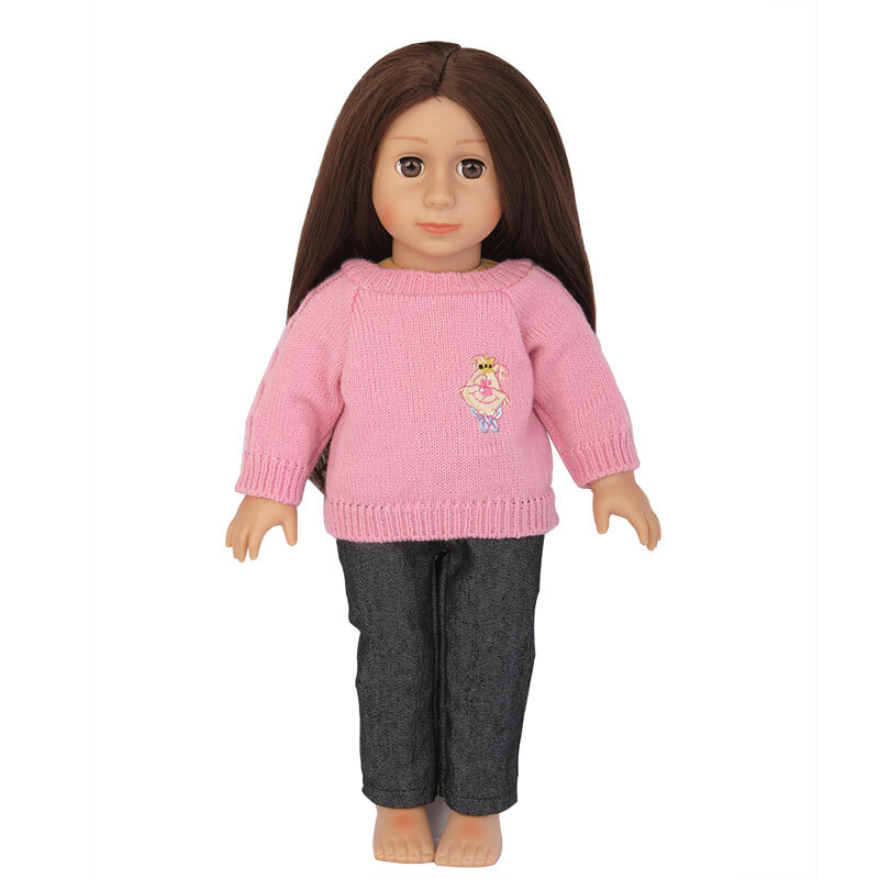 Nova Moda Roupa Da Boneca Americana Conjunto Camisola Rosa Calça Jeans Roupas Terno Apto Para 43 centímetros Bonecas E 18-Polegada acessórios Da Boneca de Brinquedo do bebê