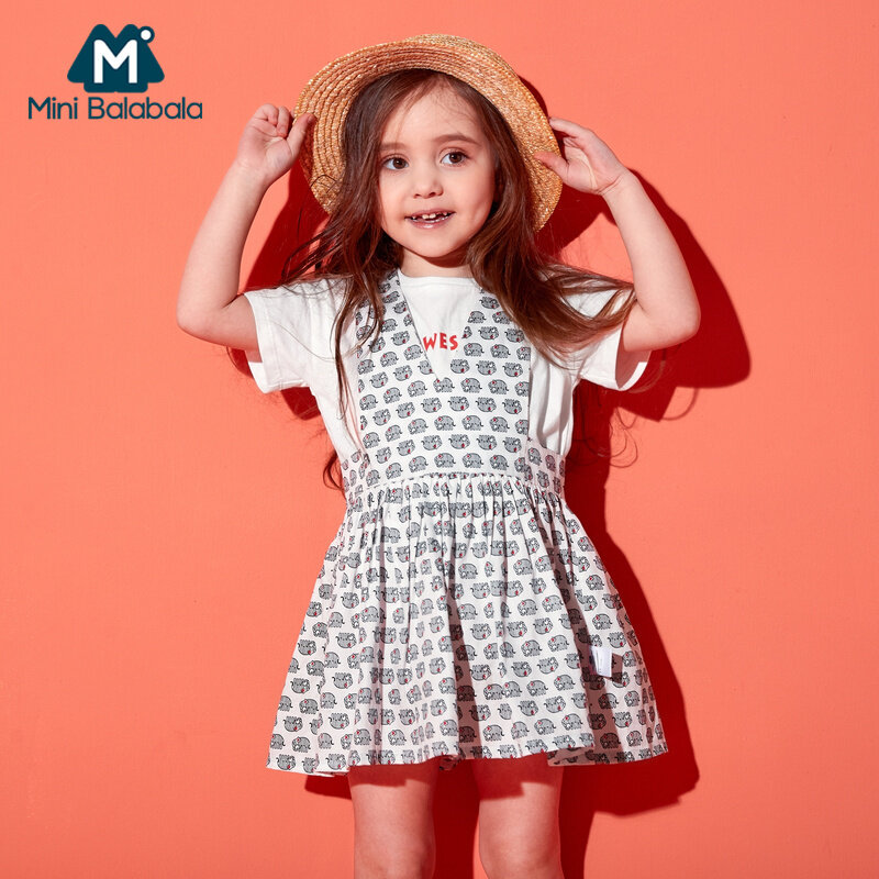 Mini Balabala niño niña de 2 piezas de algodón de 100% de manga corta Camiseta + patrón babero vestido general conjunto niños niña traje