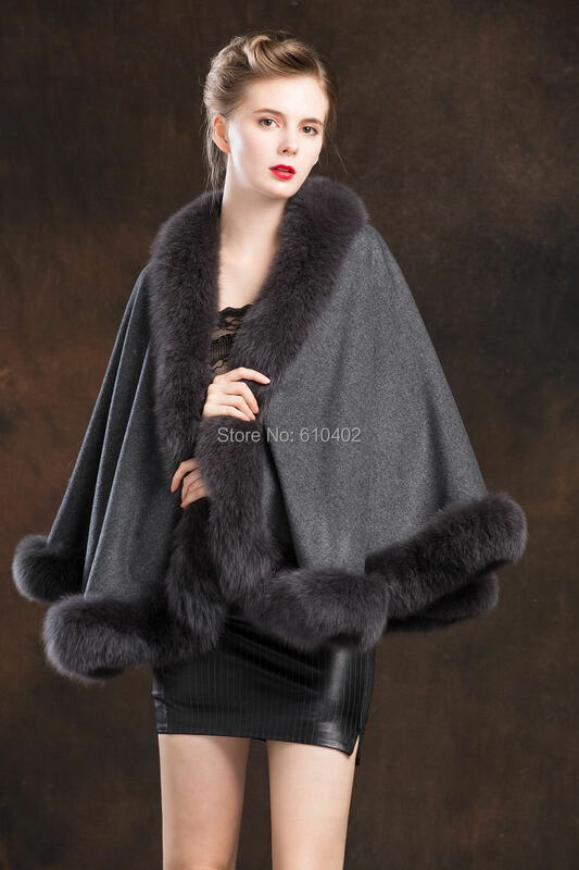 Senhora genuína real cashmere genuína pele de raposa casaco "a" palavra estilo capa poncho/xale//capa envoltórios