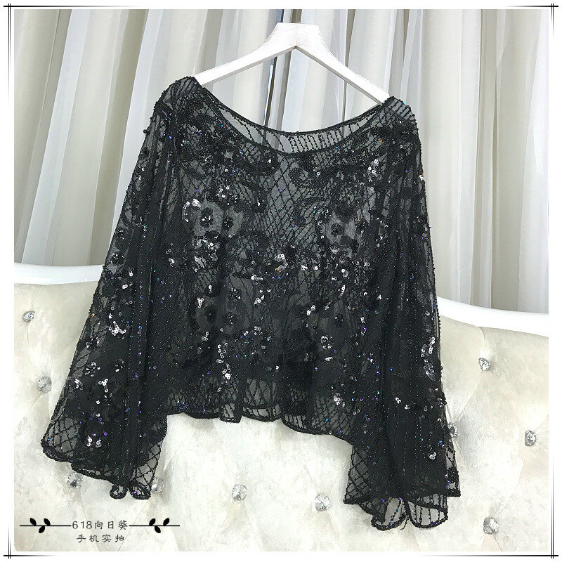 Cakucool Women Beading Blouses Shirt Long Flare Sleeve See-through Sexy Blusas Sequined Summer Party Vocation Blouse Shirts Lady