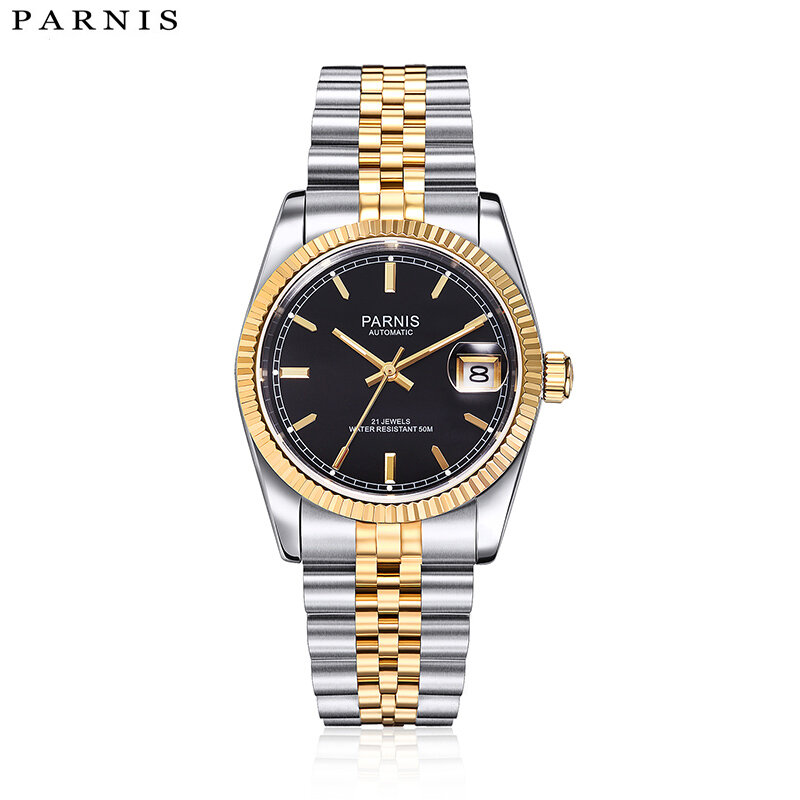 นาฬิกาลำลอง Parnis หน้าปัดสีดำขนาด36มม. สร้อยข้อมือสแตนเลสสตีลสีทองนาฬิกาข้อมือผู้ชายผู้ชาย reloj Para hombre 2023