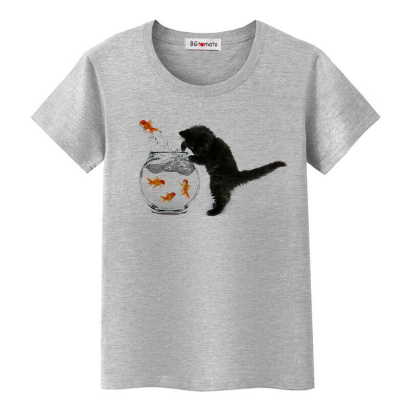 BGtomato 고양이 먹는 물고기 재미 있은 tshirt 뜨거운 판매 브랜드 새로운 캐주얼 길어야 짧은 소매 여름 사랑스러운 고양이 티셔츠 여자 사랑스러운 티셔츠