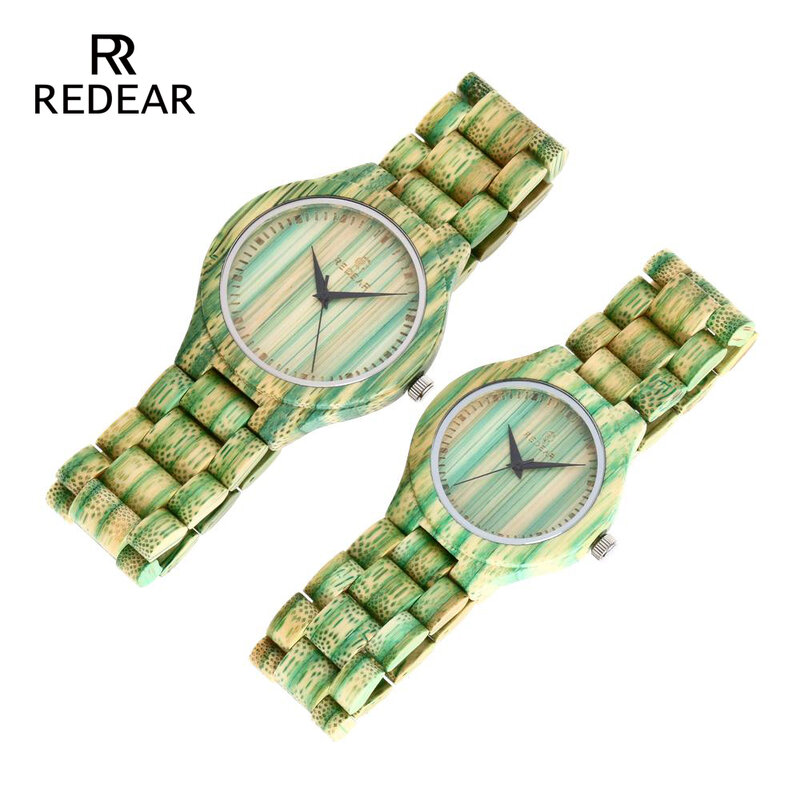 REDEAR amante Relógios Coloridos Relógio de Senhora para a Mulher de Bambu de Bambu Verde Banda Curren Relógios homens Presente
