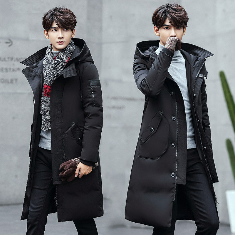 Winter Thick White Duck Down Jacket Men Long Knee Length Youth Thick Coat New Solid Color Hooded Tide Outerwear Parkas MZ1299