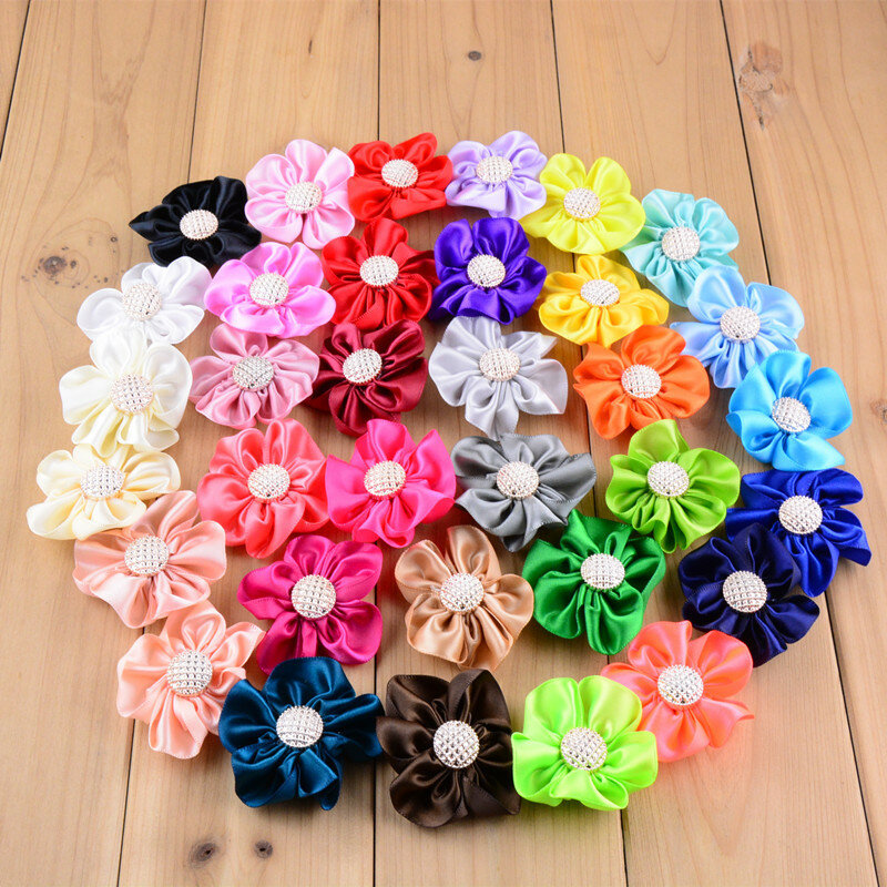 110 pcs/lot , 2 inch satin ribbon flowers with button Appliques