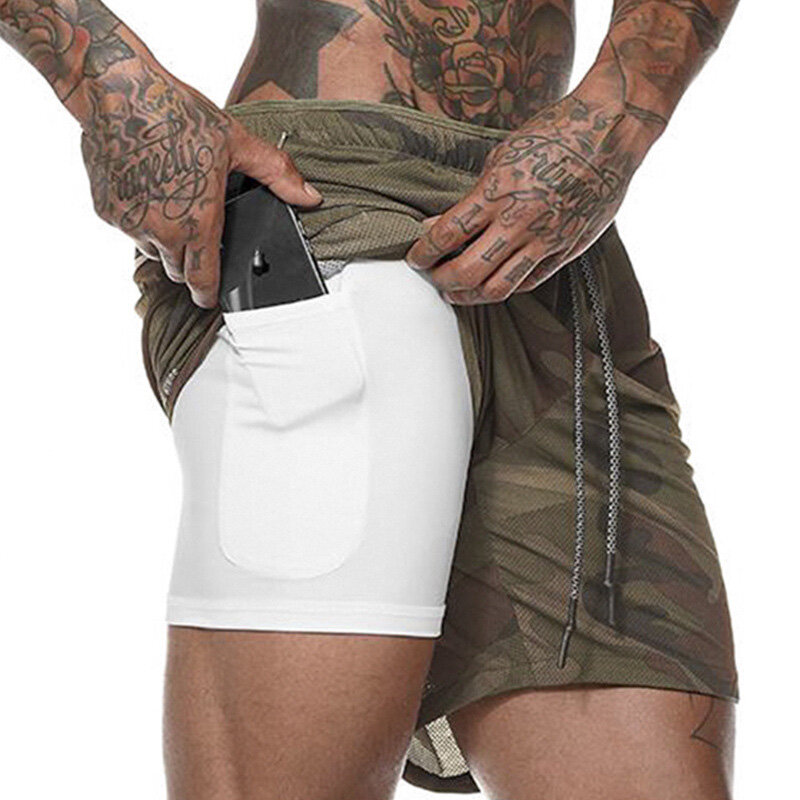 Men's Running Shorts Mens 2 in 1 Sports Shorts Male Quick Drying Training Exercise Jogging Gym Shorts with Built-in pocket Liner