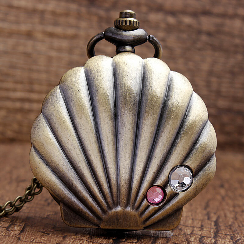 Concha de bronze do vintage caso de relógio de bolso de quartzo cristal com colar corrente mulher cheio-caçador relógios presente relogio de bolso