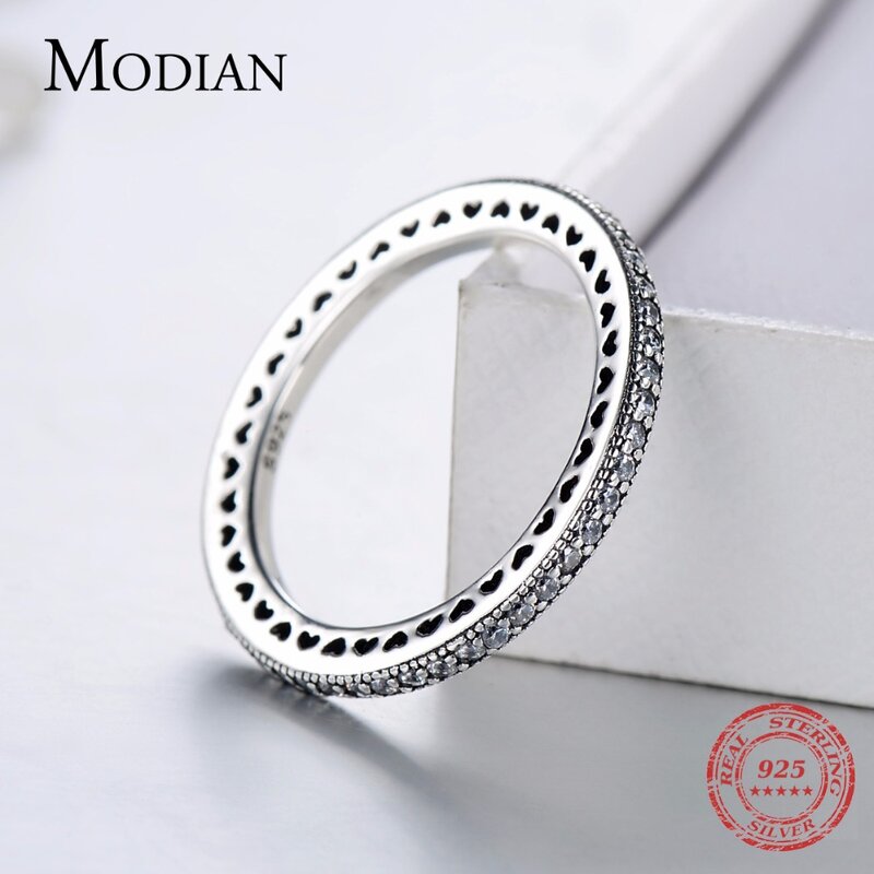 Modian Authentic 925 Sterling Silver Hearts Ring Clear CZ Fashion Stackable Vintage Classic Luxury For Women Engagement Gift