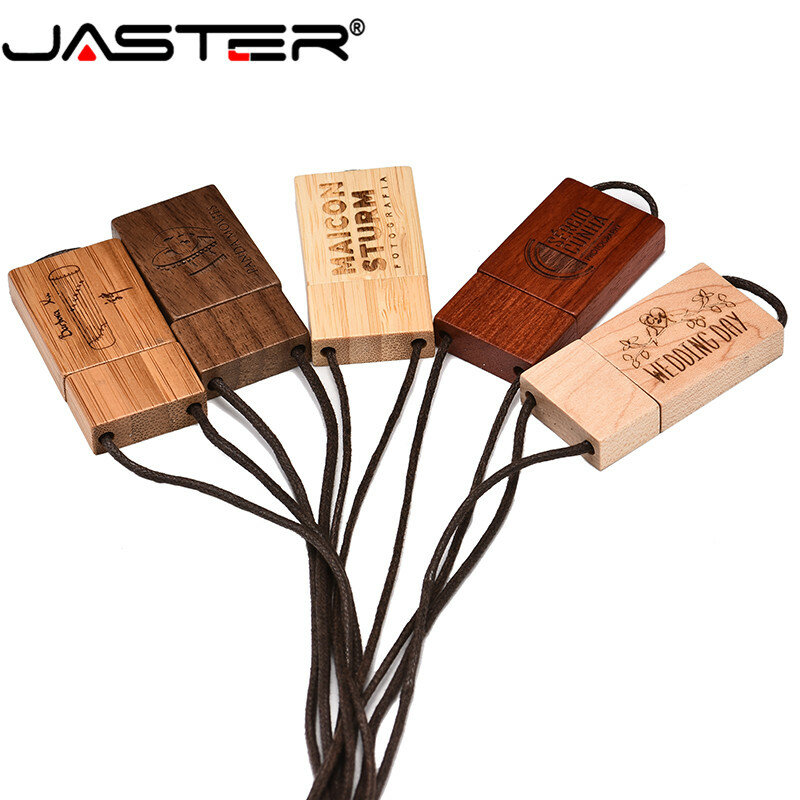 Jaster (logotipo grátis) pendrive em mogno, esculpido, cordão de madeira, usb 2.0, 4gb, 64gb, 16gb, 32gb